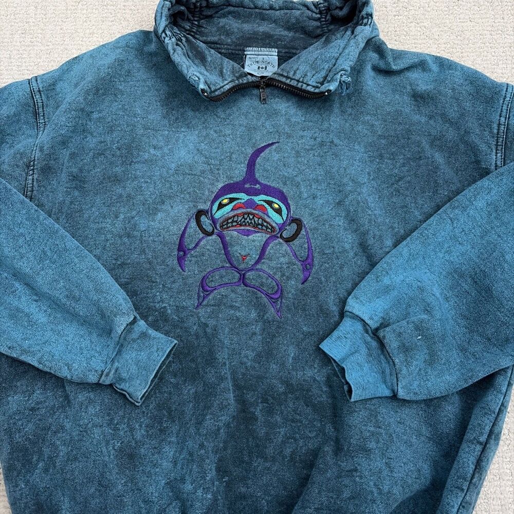 ULTRA RARE VTG TRUE NORTH 1/4 ZIP PULLOVER SWEATER SZ XL LARGE TRIBAL ORCA BLUE